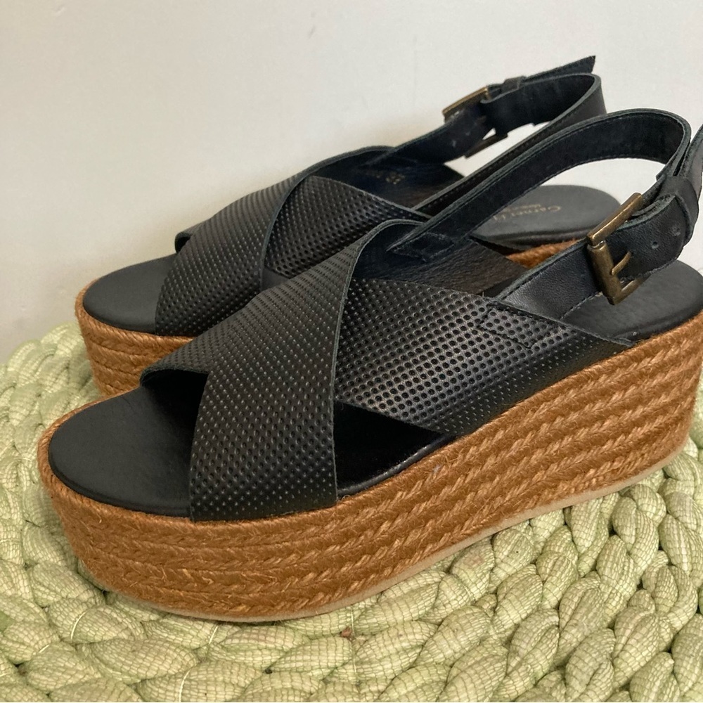 Garnet Hill Black Leather Platform Sandals with Brown Jute Wedge